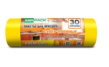 Мешки для мусора "MirPack PREMIUM+" ПСД 30л 20шт в рулоне, плотность 20 мкм, размер 50х60 см, желтые 