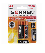 Батарейка аккумуляторная Ni-MH SONNEN / 1,2V / 2100mAh / HR6, AA, пальчиковая / 2 шт./уп.