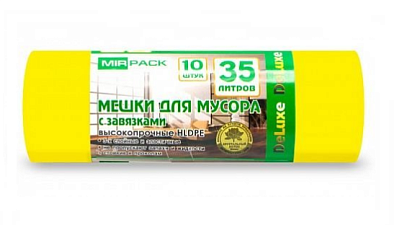 Мешки для мусора "MirPack DELUXE" ПВД 35л 10шт в рулоне с завязками, плотность 35 мкм, размер 50х60 см, желтые