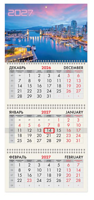 Календарь на 2027 г. квартальный 295х682 мм 3-х блочный на 3-х гребнях "Город", с бегунком и люверсом.