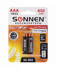 Батарейка аккумуляторная Ni-MH SONNEN / 1,2V / 650mAh / HR03, AAA, мизинчиковая / 2 шт./уп.