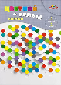 Цветной картон "Апплика" формат А-4, 12 листов 8 цветов + 4л белого картона, мелованный, односторонний, ассорти 