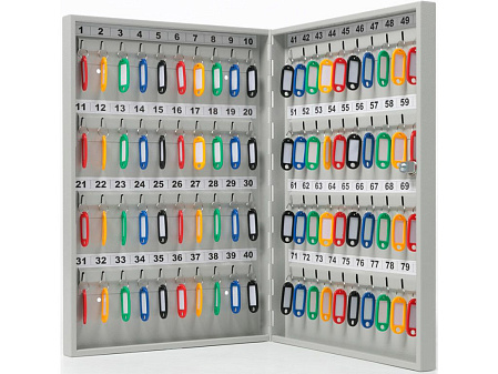 Шкаф для ключей KEY-80. В комплект входят 80 разноцветных брелоков для ключей и крепежная фурнитура. Размер: 500x355x59 (ВхШхГ)