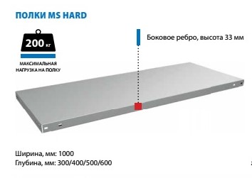 Полка стеллажа металлическая 1000х600 MS Hard Нагрузка: до 200 кг.