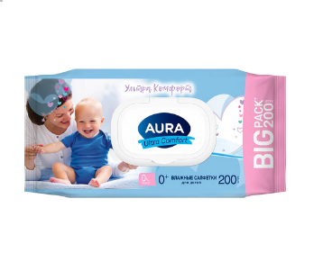 Салфетки влажные детские, гипоаллергенные "AURA Ultra Comfort, 0+" 200 шт в мягкой упаковке с крышкой