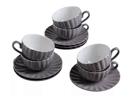 УЦЕНКА Чайный сервиз 12 предметов на 6 персон  «Вивьен» состав: 6 чашек 0,2л, 6 блюдец d=15 см, материал: керамика/костяной фарфор, цвет серый