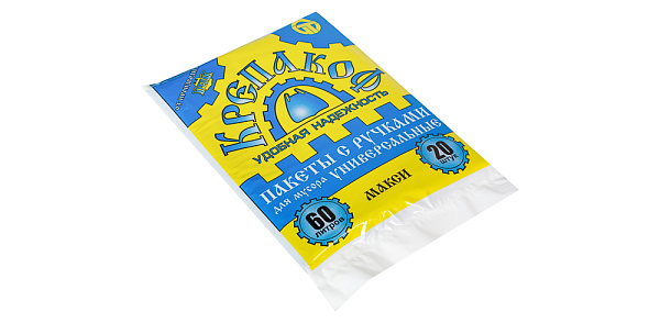 Мешки для мусора "Крепакоф" ПНД 60л 20шт в упаковке, с ручками, плотность 11 мкм, размер 57х77см, черные