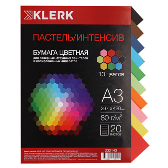 Бумага KLERK формат А-3, плотность 80 г/м2, 20 листов, интенсив/пастель, 10 цветов по 2 листа