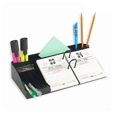 Подставка для календаря пластик черная 310x150x75мм с отсеками для хранения ручек, небольших блокнотов и прочих канцелярских принадлежностей. 