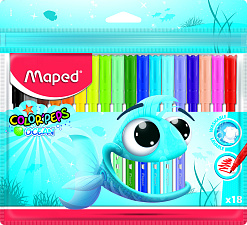 Фломастеры 18 цветов "MAPED Color'Peps Ocean" с заблокированным пишущим узлом, смываемые в пакете с подвесом