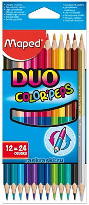 Карандаши цветные 12 шт =  24 цвета 2-х сторонние Maped "ColorPeps Duo" , диаметр 2,9 мм, деревянные,трехгранные, картонная упаковка с европодвесом