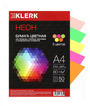 Бумага KLERK формат А-4, плотность 80 г/м2, 50 листов, неон, 5 ярких цветов по 10 листов