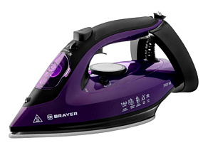Утюг BRAYER BR4012 мощность 3100ВТ керамическая подошва, паровой удар 160 г/мин, подача пара 35 г/мин, разбрызгивание, вертикальное отпаривание, противокапельная система, самоочистка, мерный стакан, шнур 1,9м, цвет черный/фиолетовый