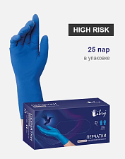 Перчатки латекс 25 пар /50 шт XL (10) /  High Risk Libry неопудренные, синие,  нестерильные, сверхпрочные, текстурированные, вес пары - 26 г