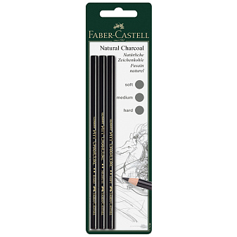 Карандаш угольный Faber-Castell "Pitt", набор 3 шт. мягкий/средний/твердый, прессованный, черный цвет корпуса, круглые, в  блистере