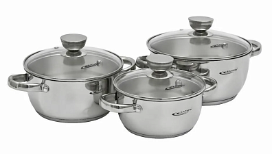 Набор кастрюль 6 предметов АНТЕЯ КТ05-А Катунь, кастрюли 1,5л, 2л, 3л,  крышка стекло,  для индукционных плит