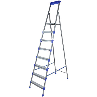 Лестница-стремянка 8 ступеней НИКА СМ8. Материал - металлическая сталь. Рифлёная поверхность ступеней. Глубина ступеней 65мм, высота 172см. Максимальная нагрузка до 120 кг, вес 11 кг, лоток для инструментов
