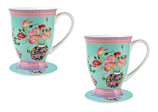 Набор кружек Maxwell & Williams "Маки" на 2 персоны, 4 предмета, чашки 300 мл, подставки, материал: фарфор, цвет бирюзовый/цветы