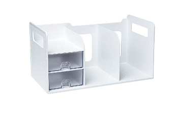 Вертикальный накопитель 2 отдела "Sysmax" сорганайзером для канцелярских мелочей, в котором 2 выдвижных ящика, выполнен из качественного, плотного пластика, цвет белый/серый, формат А4, размеры 287х209х210 мм.