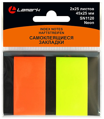 Клейкие закладки флажки пластиковые "Lamark" размер  45х25мм, 25л х 2 неоновых цвета, 50 листов