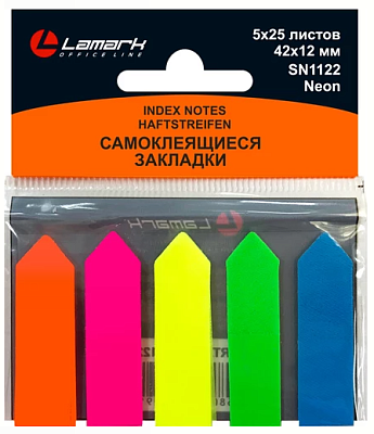 Флажки-закладки пластиковые "Lamark", размер 12x42мм, 25л х 5 неоновых цветов в виде стрелки, 125 листов