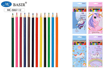 Карандаши цветные 12 цветов Basir "Единорог" деревянные, шестигранные, картонная упаковка с европодвесом