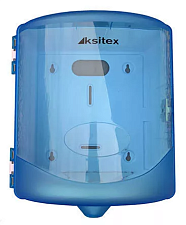 Полотенцедержатель для рулонных полотенец KSITEX AC1-16А, с центральной вытяжкой, механический, пластиковый, замок, цвет белый и голубая прозрачная крышка, размеры: 270х215х230 мм