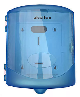 Полотенцедержатель для рулонных полотенец KSITEX AC1-16А, с центральной вытяжкой, механический, пластиковый, замок, цвет белый и голубая прозрачная крышка, размеры: 270х215х230 мм