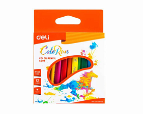 Карандаши цветные 12 цветов " Deli EC09900 ColoRun" пластиковые, трехгранные,  87 мм, картонная упаковка с европодвесом