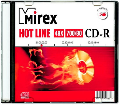 Диск CD-R Mirex HotLine, емкость диска 700 Mb, скорость записи 48х, Slim Case 