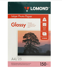 Фотобумага LOMOND А-4, плотность 150 г/м2, глянцевая, односторонняя, 25 листов, для струйных принтеров.