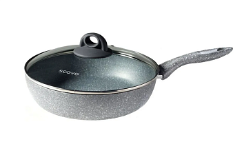 Сковорода d=26 см SCOVO "Stone Pan" ST-022, антипригарное покрытие, крышка стекло, штампованный алюминий, цвет серый