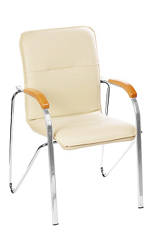 Стул Самба Экстра. Обивка - кремовая  экокожа. Хромированная рама. Деревянные накладки - цвет бук. Нагрузка до 100 кг.