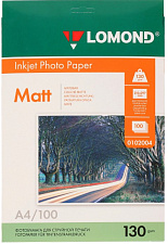 Фотобумага LOMOND А-4, 130 г/м2, матовая, двусторонняя, 100 листов, для струйных принтеров. 