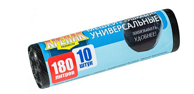 Мешки для мусора "Крепак" ПВД 180л 10шт с ушками в рулоне, плотность 20мкм, размер 80х115 см, черные