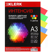 Бумага KLERK формат А-3, плотность 80 г/м2, 20 листов, интенсив, 5 цветов по 4 листа