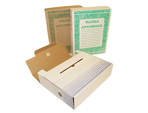 Архивная папка-бокс, ширина корешка 75 мм, размеры 340х252х75 мм, вырубная застежка, гофрокартон, цвет бурый/зеленый