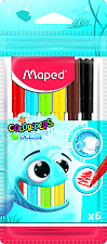 Фломастеры 6 цветов "MAPED Color'Peps Ocean" с заблокированным пишущим узлом, смываемые в пакете с подвесом