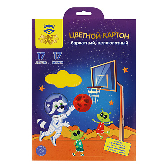 Цветной картон Мульти-Пульти "Енот в космосе" формат А-4, 12 листов 12 цветов + бархантый 5 листов 5 цветов, в ассортименте 