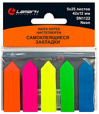 Флажки-закладки пластиковые "Lamark", размер 12x42мм, 25л х 5 неоновых цветов в виде стрелки, 125 листов