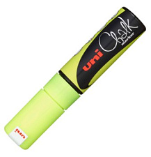 Маркер мелковый UNI Chalk PWE-8K, флуоресцентно-желтый, клиновидный наконечник, толщина линии до 8,0 мм, водная основа 