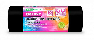 Мешки для мусора "MirPack DELUXE" ПВД 60л 10шт в рулоне с завязками, плотность 35 мкр, размер 60х70 см, черные
