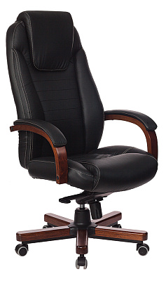 Кресло руководителя T-9923WALNUT/BLACK цвет черный , материал кожа, крестовина дерево. Механизм со смещенной осью качания с возможностью фиксации в нескольких положениях. Нагрузка до 200 кг