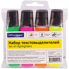 Набор маркеров текстовыделителей 4 цвета "OfficeSpace" толщина линии 1-5мм,цвета:желтый, розовый, оранжевый, зеленый