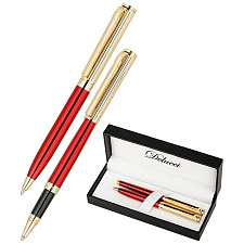Ручка Delucci "Azzurro", 2 шт: ручка шариковая 1мм и ручка-роллер, 0,6мм, синий стержень, корпус: медь, цвет красный/золотой, подарочная коробка