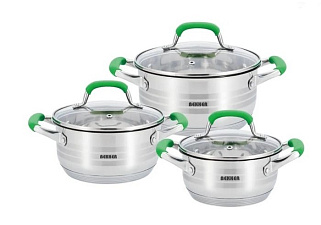 Набор кастрюль 6 предметов Bekker De Luxe BK-1447, кастрюли 1,9 л, 2,8 л, 3,9 л, ручки металл/силикон, крышка стекло, нержавеющая сталь, комбинированная полировка, для индукционных плит 