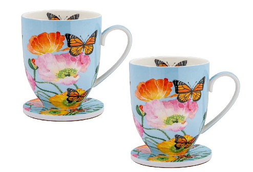 Набор кружек Maxwell & Williams "Маки" на 2 персоны, 4 предмета, чашки 400 мл, подставки, материал: фарфор цвет голубой/цветы