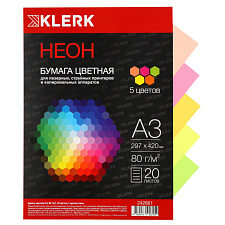 Бумага KLERK формат А-3, плотность 80 г/м2, 20 листов, неон, 5 цветов по 4 листа