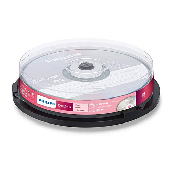 DVD-R Philips  объем диска 4.7Gb, максимальная скорость записи 16x, 10 штук в упаковке