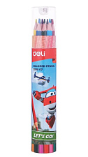 Карандаши цветные 12 цветов "Deli Super Wings EC00807" деревянные (тополь), шестигранные, диаметр 8 мм, пластиковая туба 